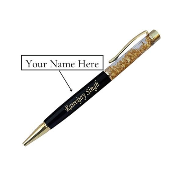 Stylish metal black and Gold flakes pen & keychain combo with name or logo print - Image 2