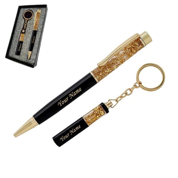 Stylish metal black and Gold flakes pen & keychain combo with name or logo print