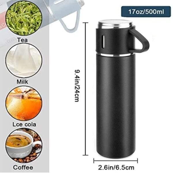 Black Color Flask Set with 3 Cups with Brand or Name or Logo Customization - Image 3